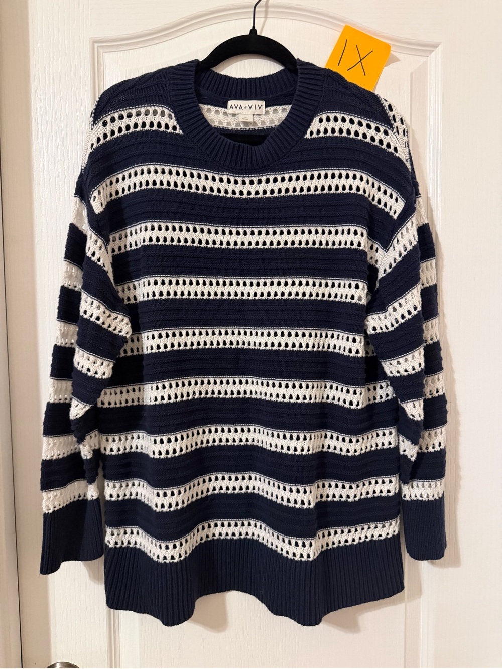 Ava & Viv Navy and White Open-Knit Stripe Sweater